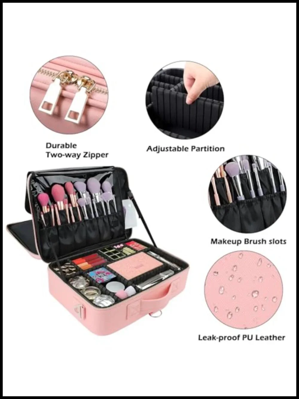 PU Leather Large Capacity Travel Cosmetic Organizer with Adjustable Dividers